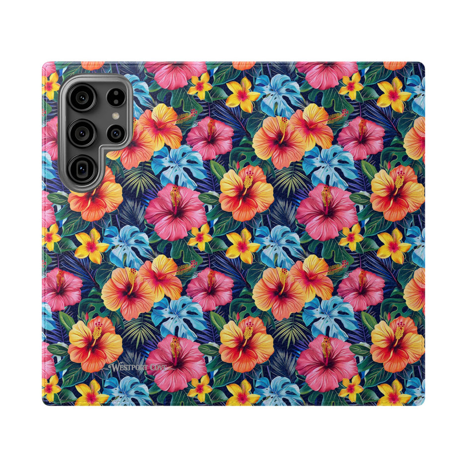 Tropical Hibiscus Flip Phone Case — Floral Wallet Flip Case with Card Slots
