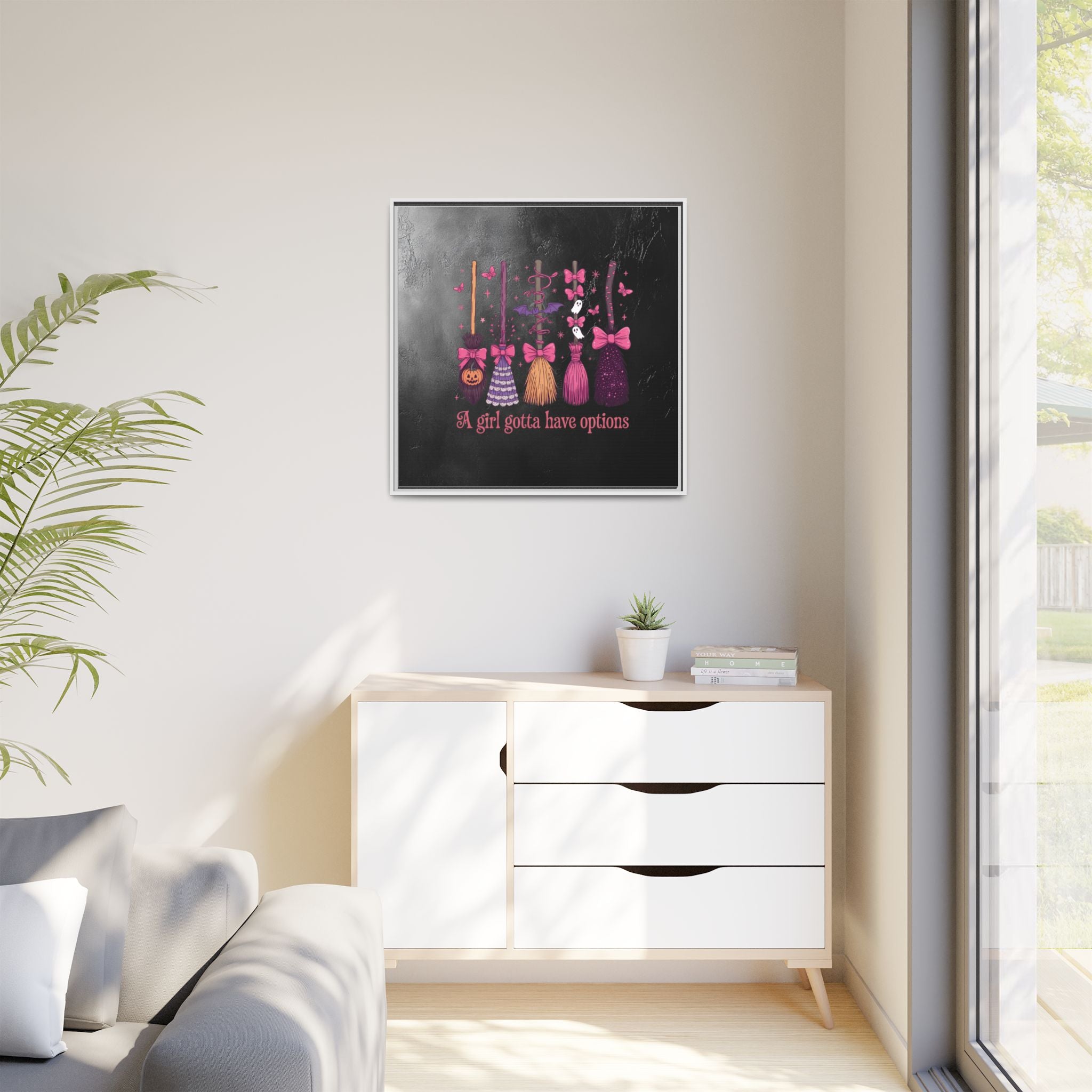 Halloween Broom Canvas Print — “A Girl Gotta Have Options” Framed Wall Art