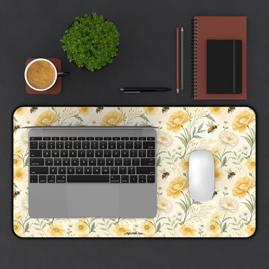 Bumble - Floral Yellow Rose Desk Mat — Vintage Garden Mousepad for Home Office