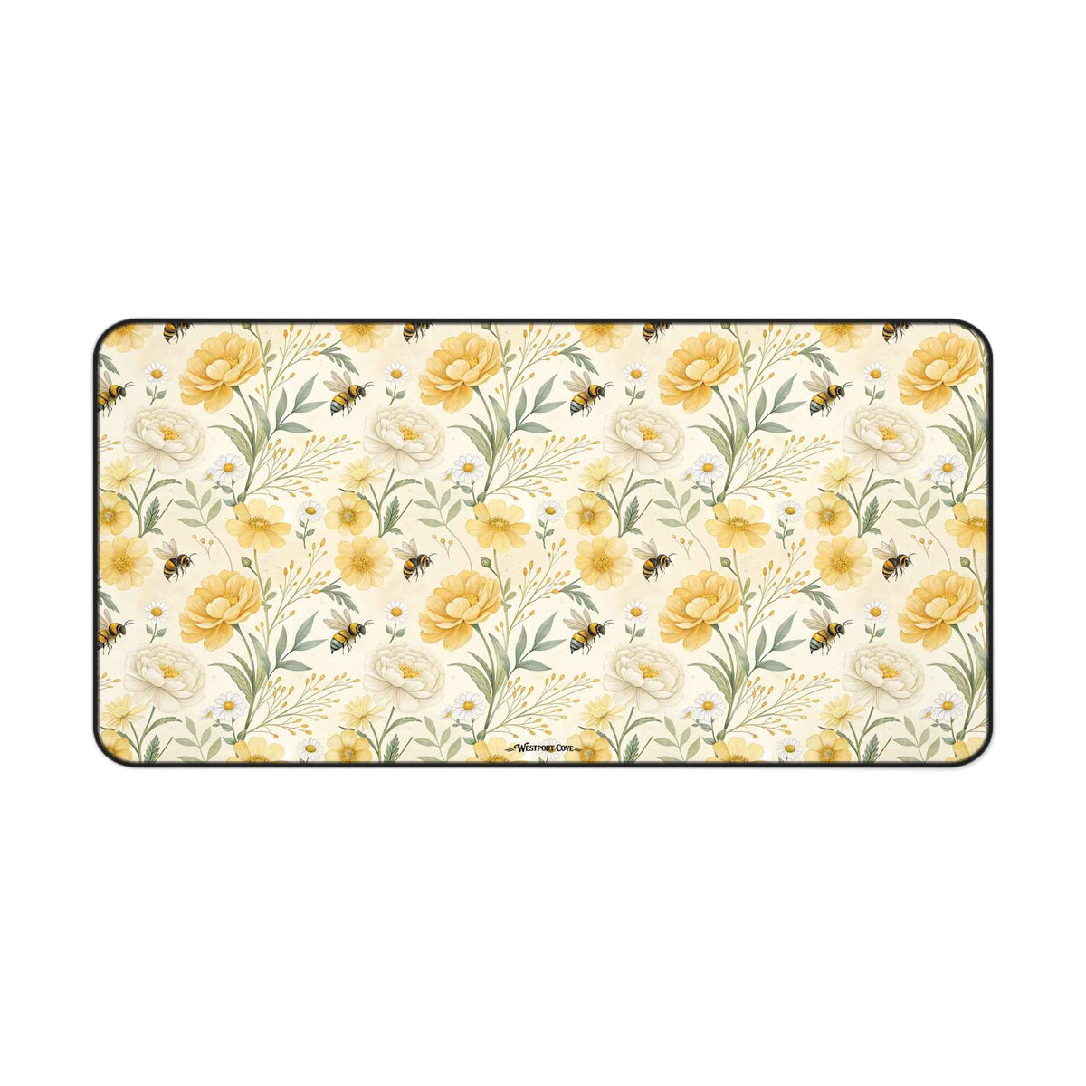 Bumble - Floral Yellow Rose Desk Mat — Vintage Garden Mousepad for Home Office