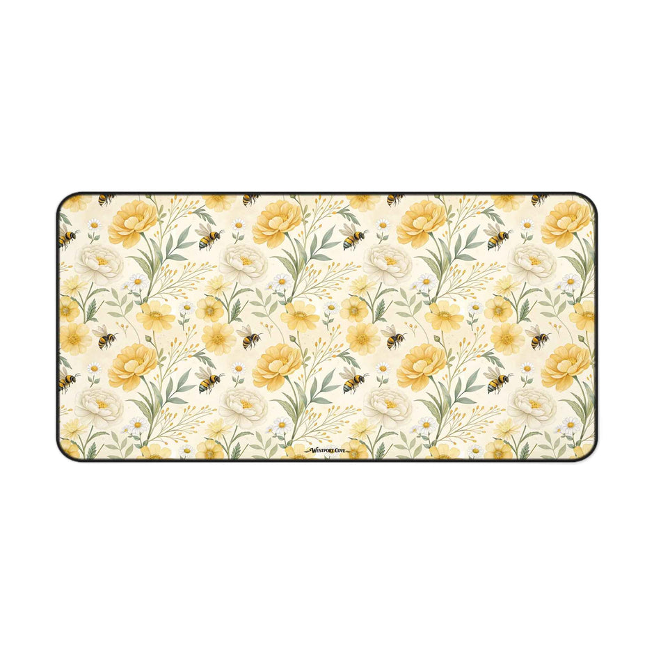 Bumble - Floral Yellow Rose Desk Mat — Vintage Garden Mousepad for Home Office