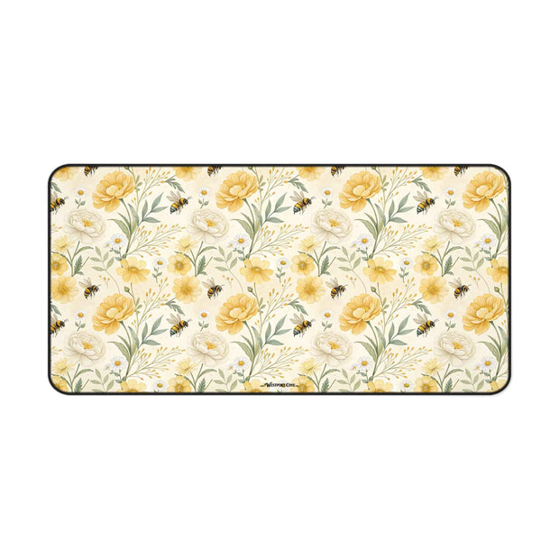 Bumble - Floral Yellow Rose Desk Mat — Vintage Garden Mousepad for Home Office
