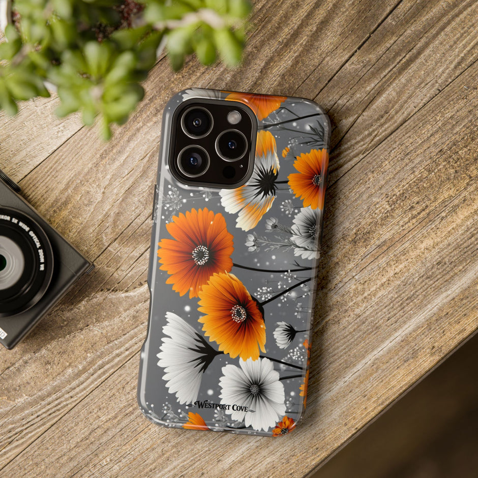 Floral Orange & Gray - Extreme Impact MagSafe Phone Case