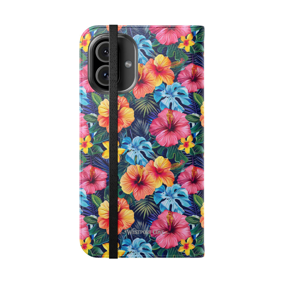 Tropical Hibiscus Flip Phone Case — Floral Wallet Flip Case with Card Slots