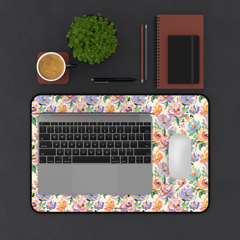 Floral Paint Desk Mat — Pastel Rose Pattern Office Mousepad