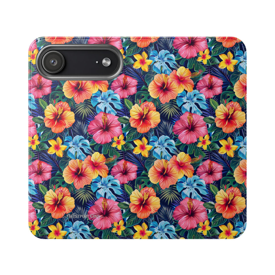 Tropical Hibiscus Flip Phone Case — Floral Wallet Flip Case with Card Slots