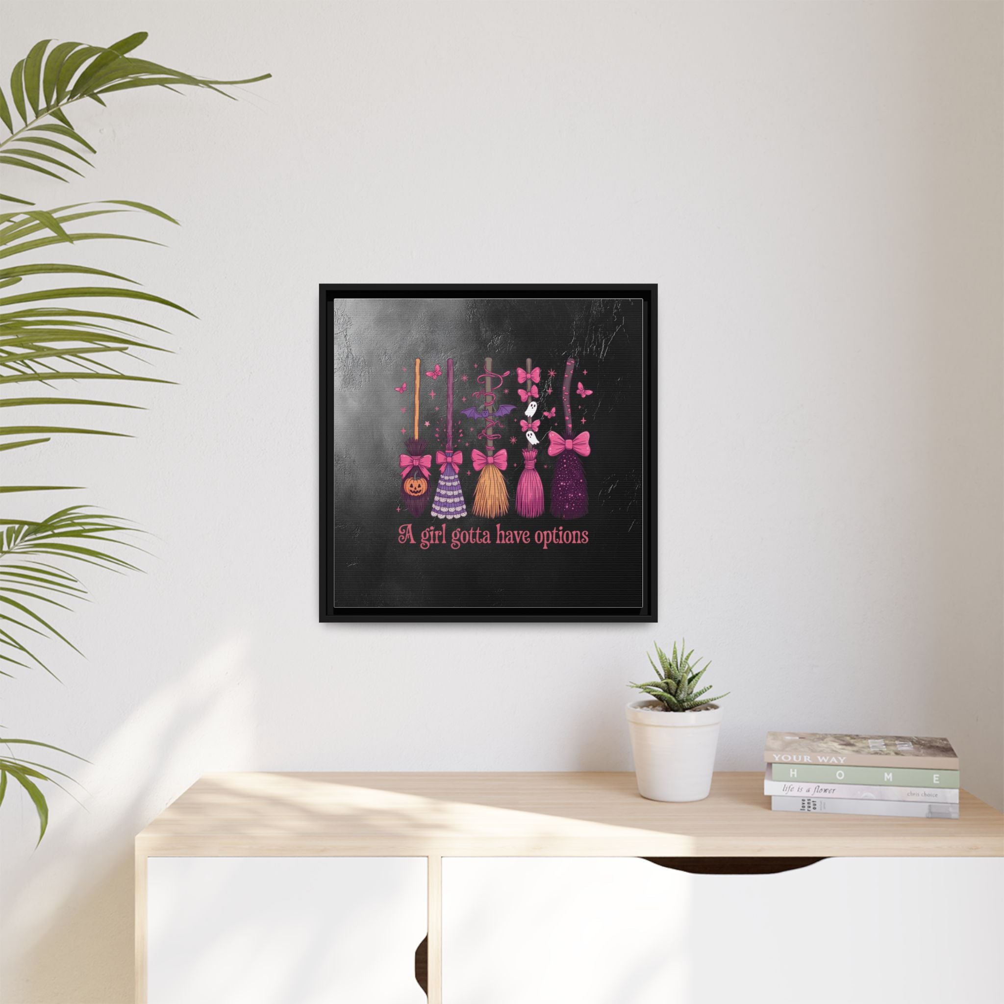 Halloween Broom Canvas Print — “A Girl Gotta Have Options” Framed Wall Art
