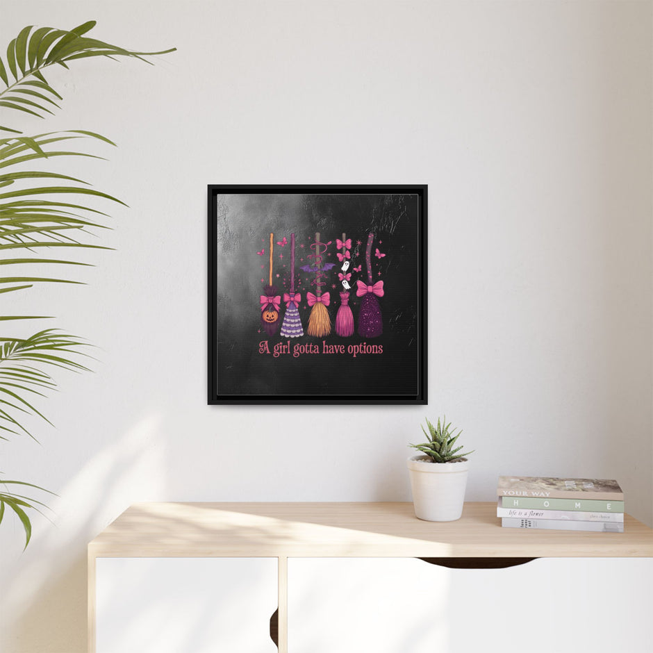 Halloween Broom Canvas Print — “A Girl Gotta Have Options” Framed Wall Art