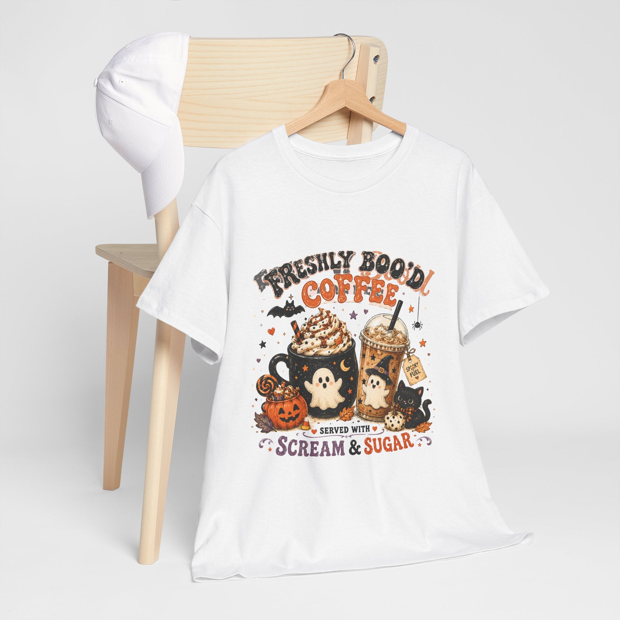 Halloween Coffee Tee — “Freshly Boo’d Coffee: Served with Scream & Sugar”