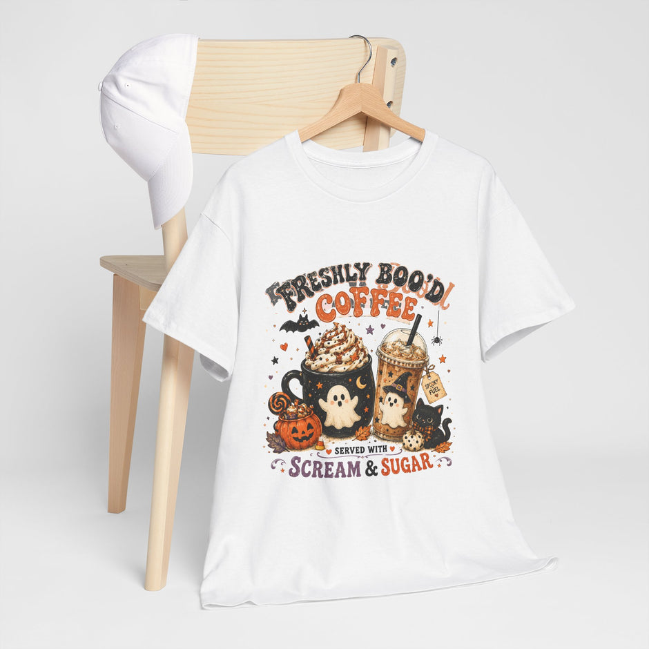 Halloween Coffee Tee — “Freshly Boo’d Coffee: Served with Scream & Sugar”