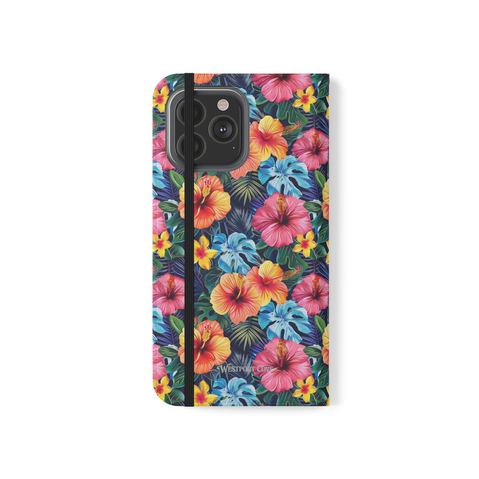 Tropical Hibiscus Flip Phone Case — Floral Wallet Flip Case with Card Slots