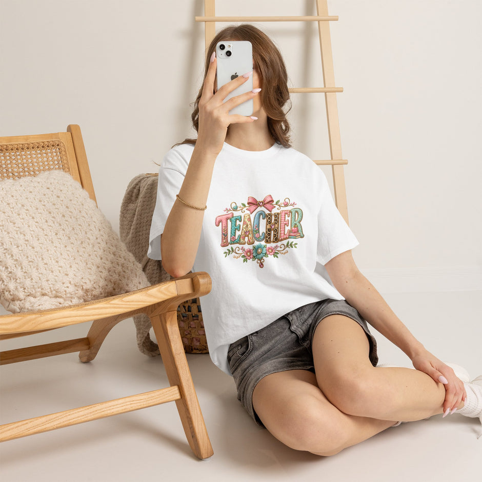 Teacher Floral Graphic Tee — Vintage Bow & Floral "TEACHER" Design