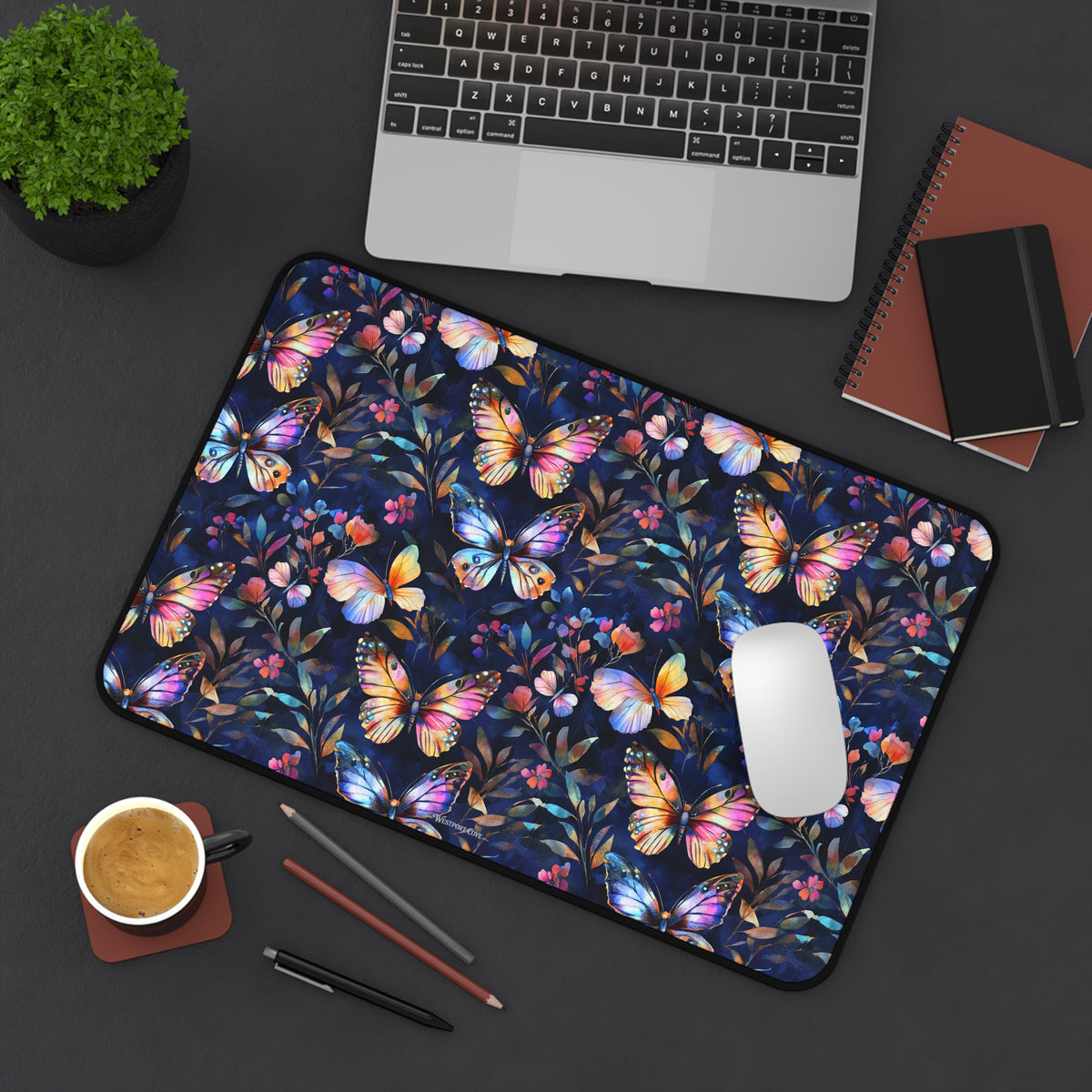 Dark Flutterby Desk Mat — Dark Watercolor Garden Mouse Pad