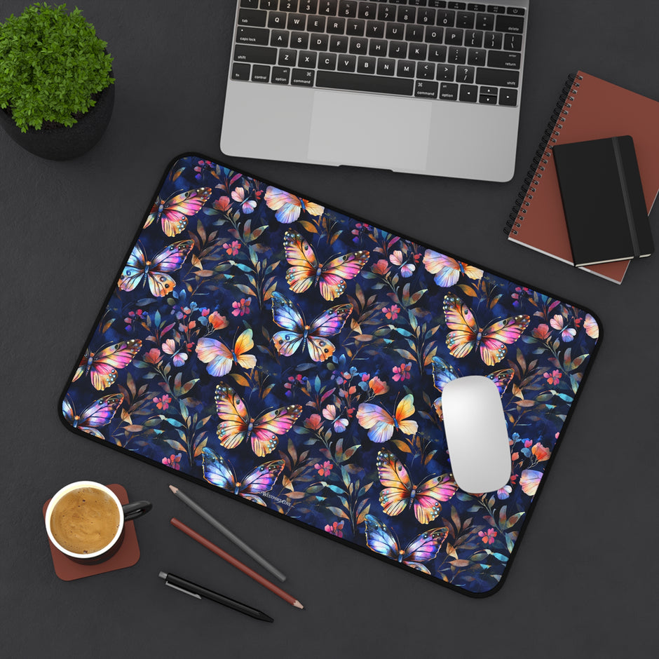 Dark Flutterby Desk Mat — Dark Watercolor Garden Mouse Pad