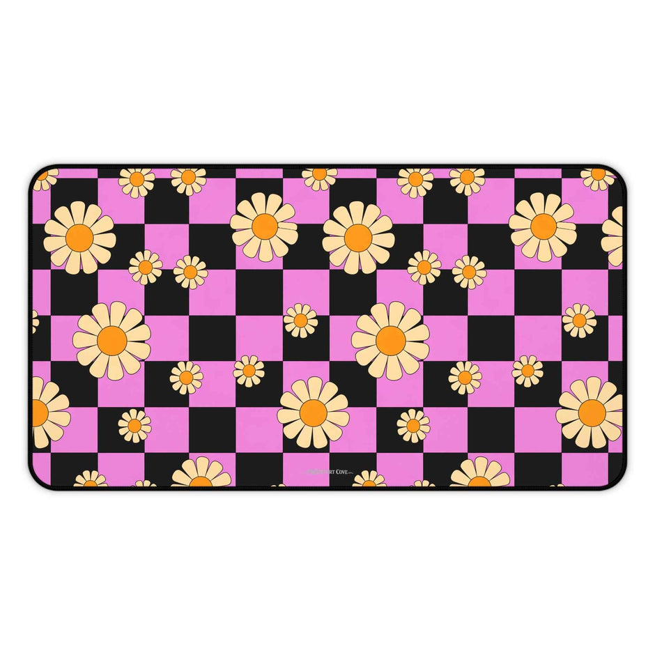 Daisy Checkerboard Desk Mat — Pink & Black Floral Mouse Desk Pad