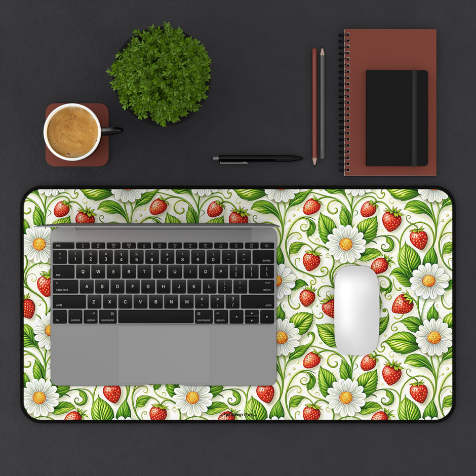Strawberry Delight Desk Mat — Floral Vintage Garden Mouse Pad/Desk Protector