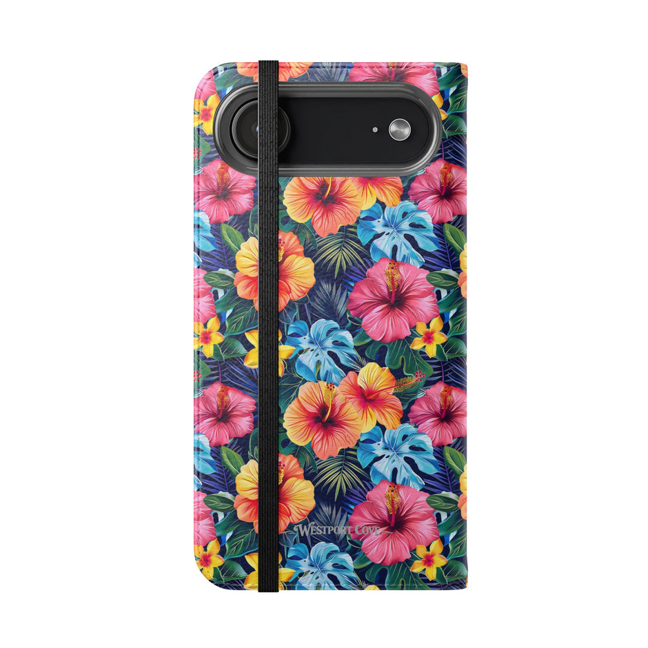 Tropical Hibiscus Flip Phone Case — Floral Wallet Flip Case with Card Slots