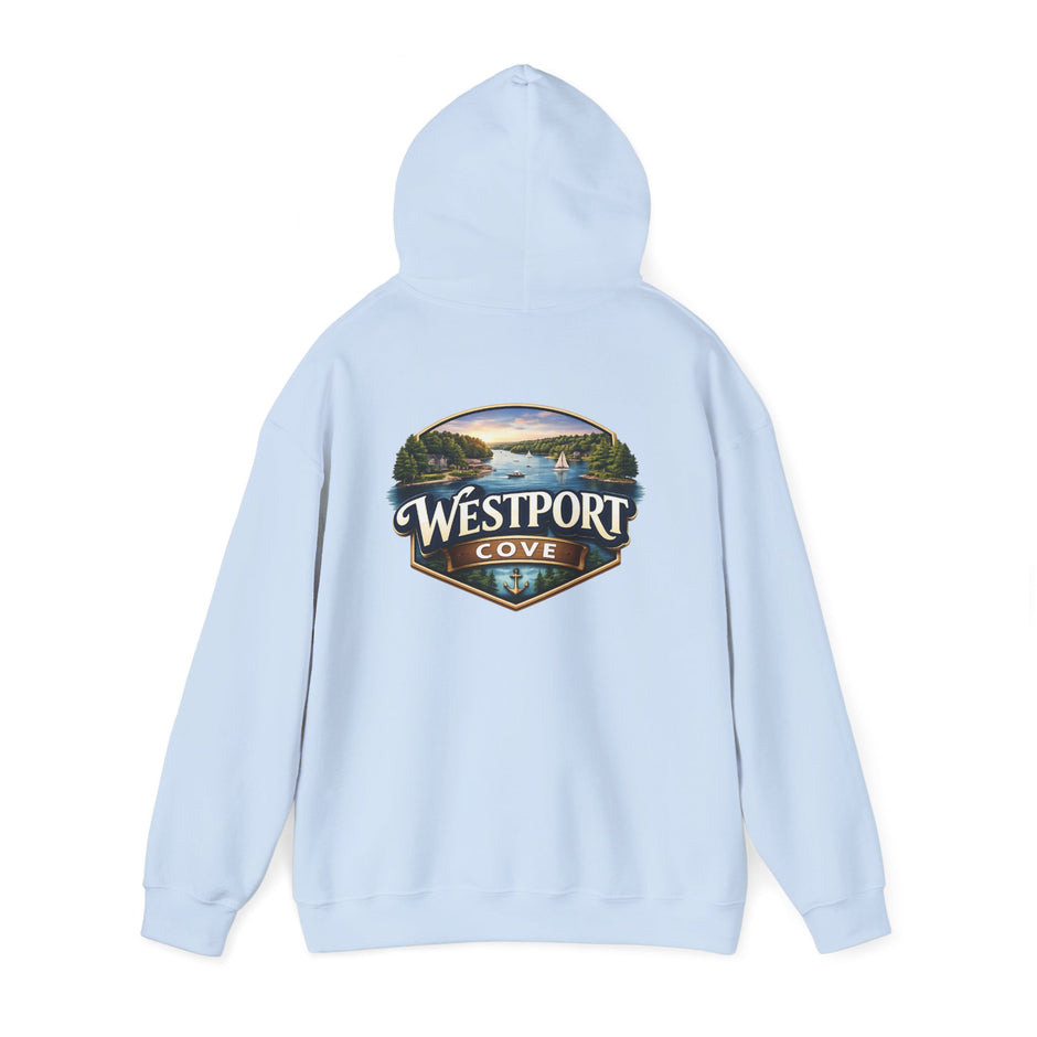 Westport Cove Hoodie — Scenic Lake Cabin Vintage Logo Hooded Sweatshirt