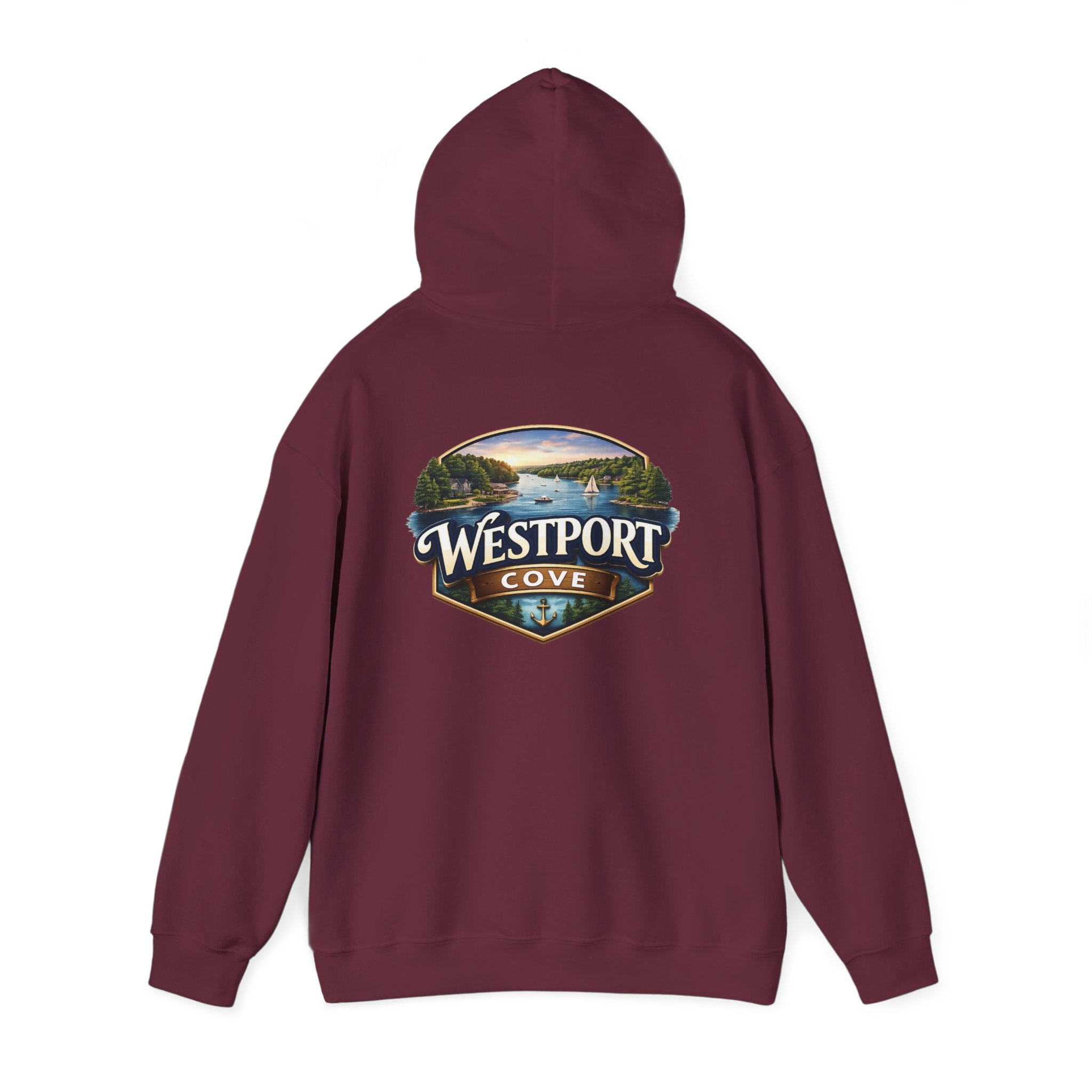 Westport Cove Hoodie — Scenic Lake Cabin Vintage Logo Hooded Sweatshirt