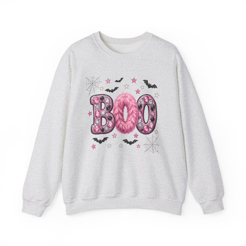 Halloween 'Boo' Crewneck Sweatshirt — Cute Pink Bat & Star Graphic