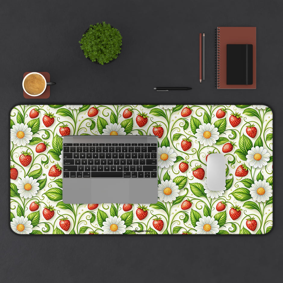 Strawberry Delight Desk Mat — Floral Vintage Garden Mouse Pad/Desk Protector