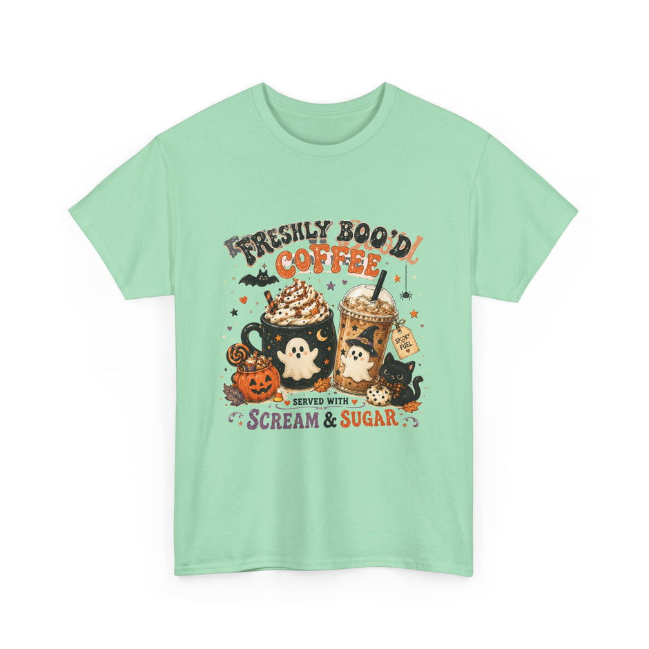 Halloween Coffee Tee — “Freshly Boo’d Coffee: Served with Scream & Sugar”