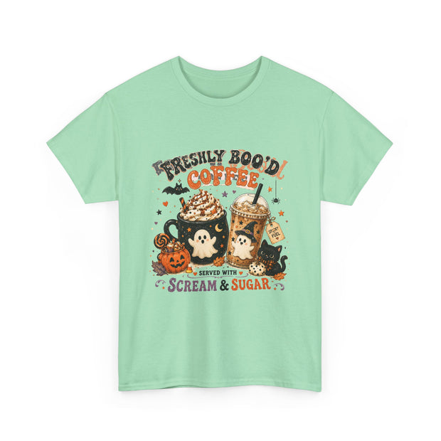 Halloween Coffee Tee — “Freshly Boo’d Coffee: Served with Scream & Sugar” - Westport Cove