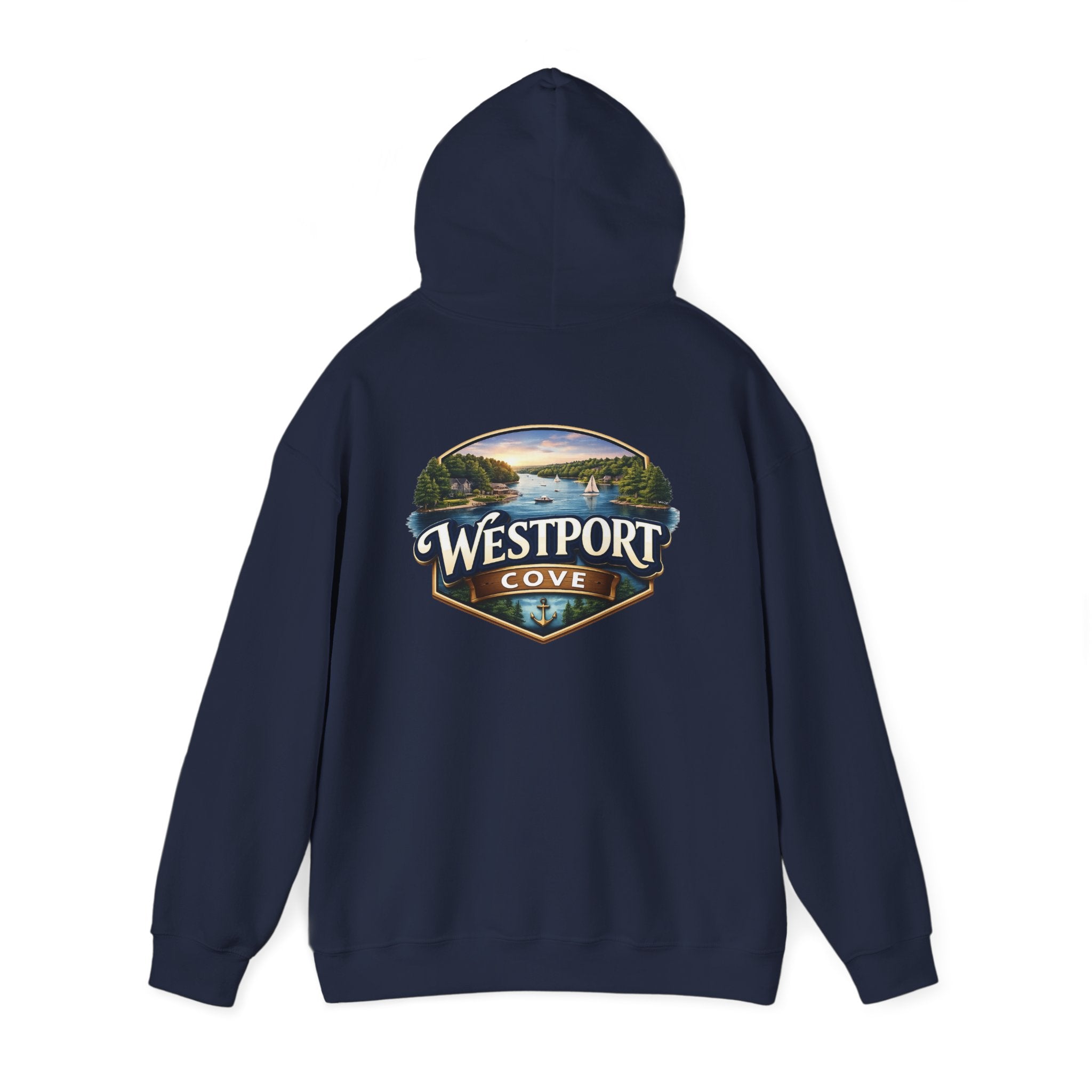 Westport Cove Hoodie — Scenic Lake Cabin Vintage Logo Hooded Sweatshirt