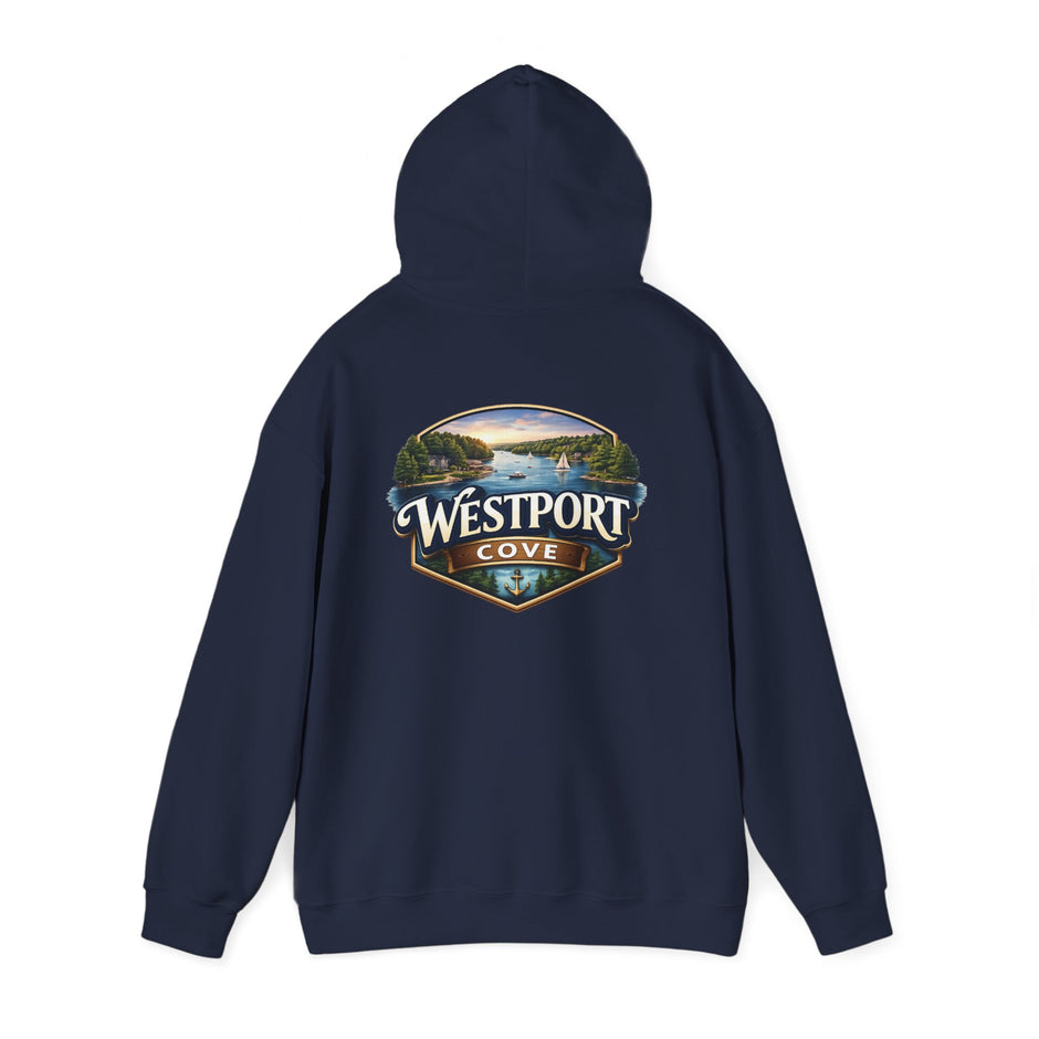 Westport Cove Hoodie — Scenic Lake Cabin Vintage Logo Hooded Sweatshirt