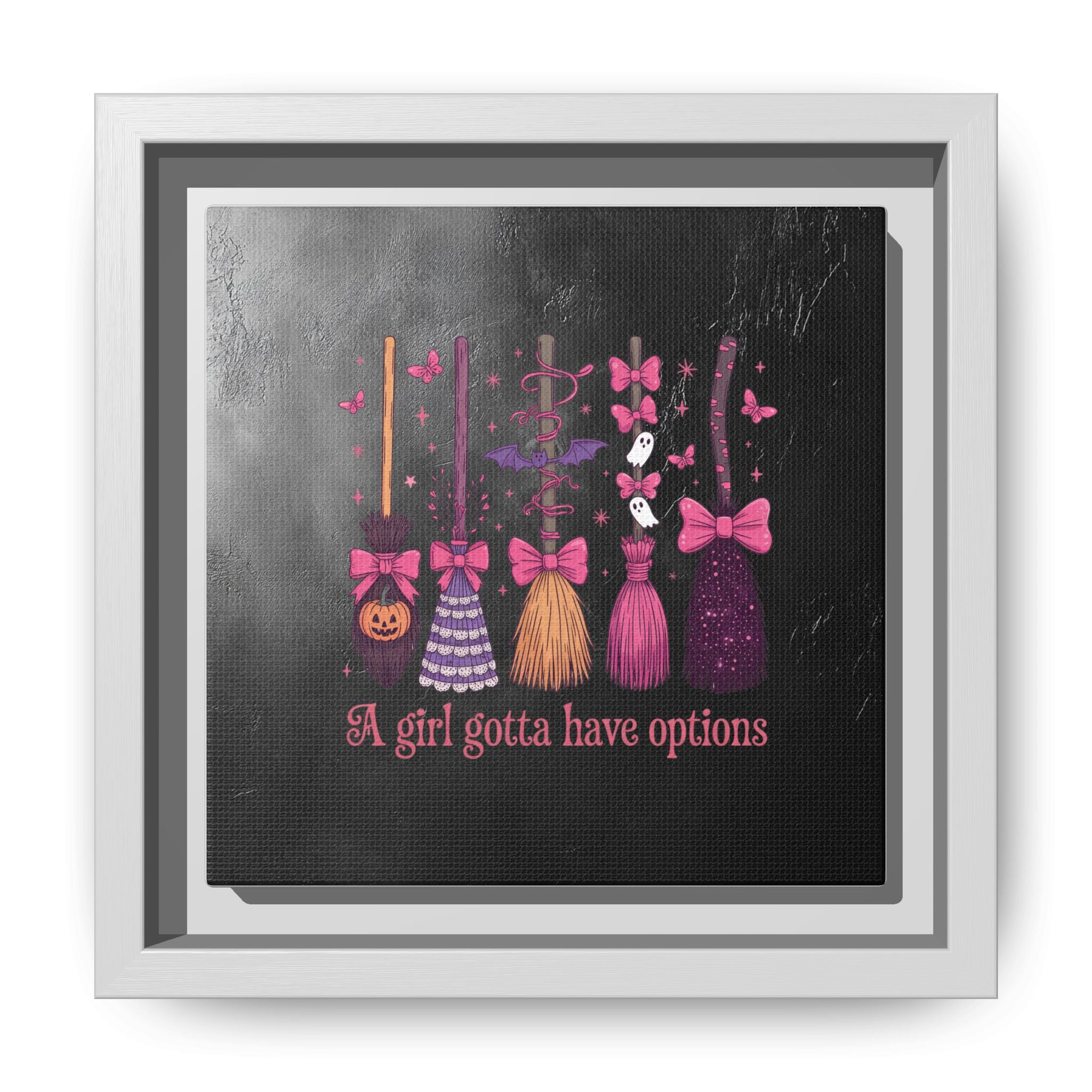 Halloween Broom Canvas Print — “A Girl Gotta Have Options” Framed Wall Art