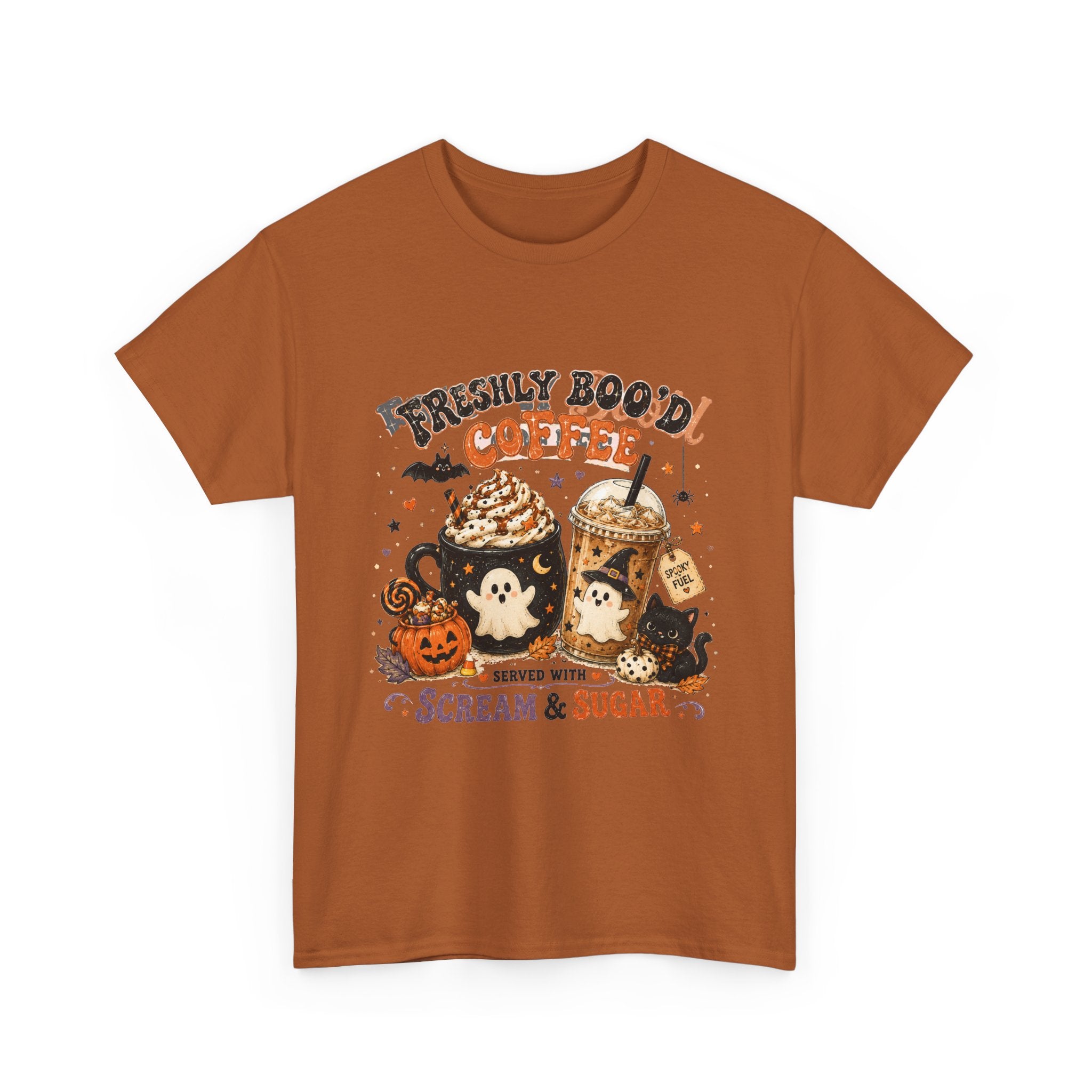 Halloween Coffee Tee — “Freshly Boo’d Coffee: Served with Scream & Sugar”
