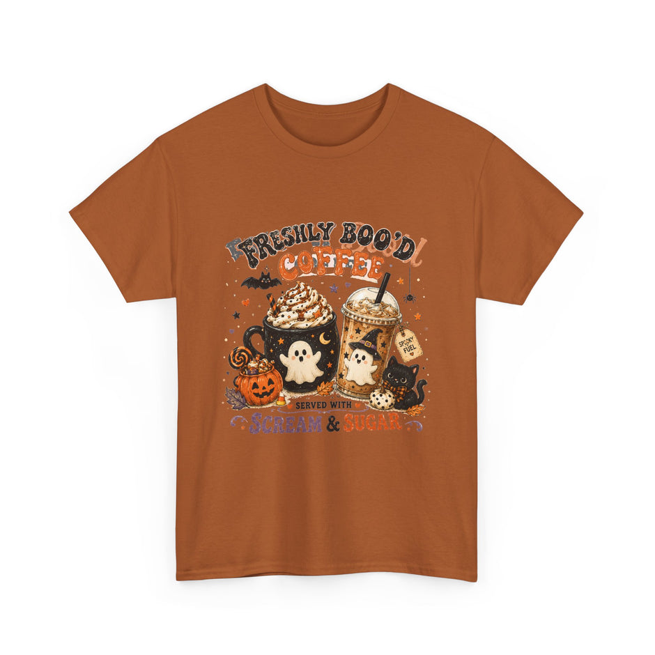 Halloween Coffee Tee — “Freshly Boo’d Coffee: Served with Scream & Sugar”
