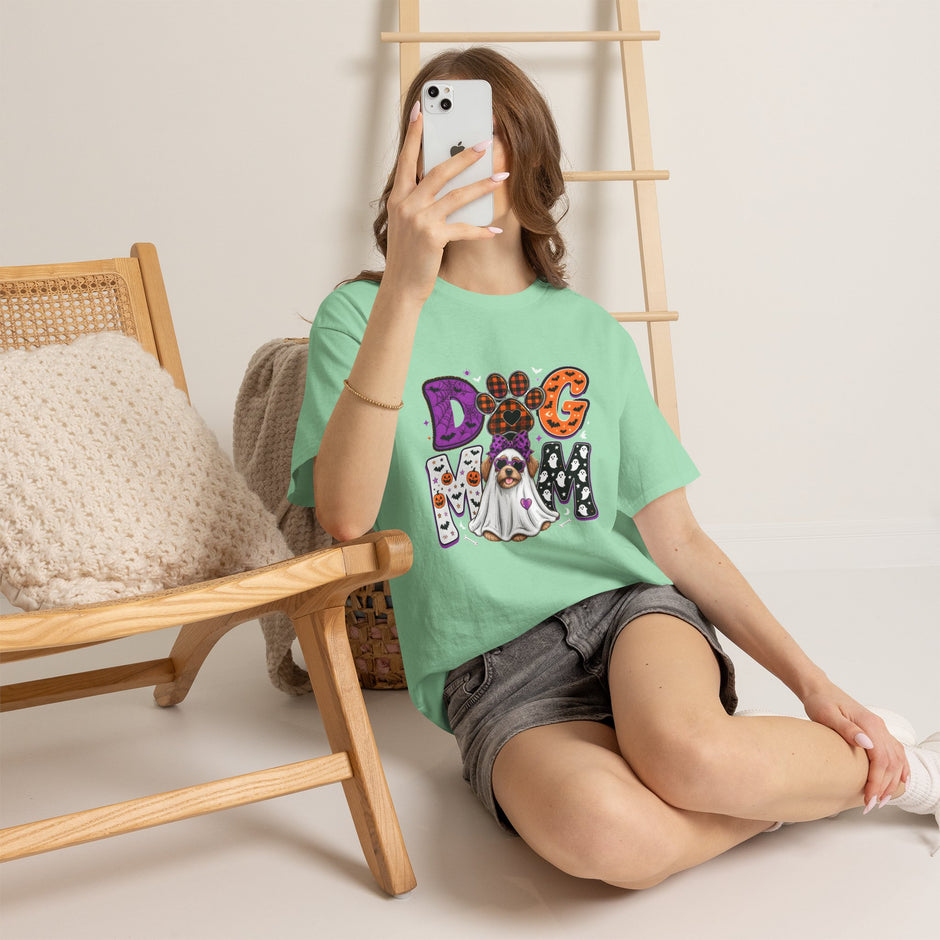 Dog Mom Halloween T‑Shirt — Ghost Pup & Spooky Pattern Tee