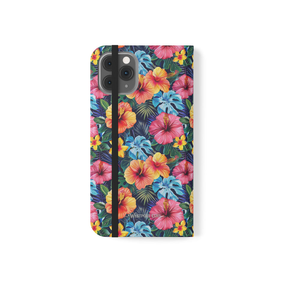 Tropical Hibiscus Flip Phone Case — Floral Wallet Flip Case with Card Slots