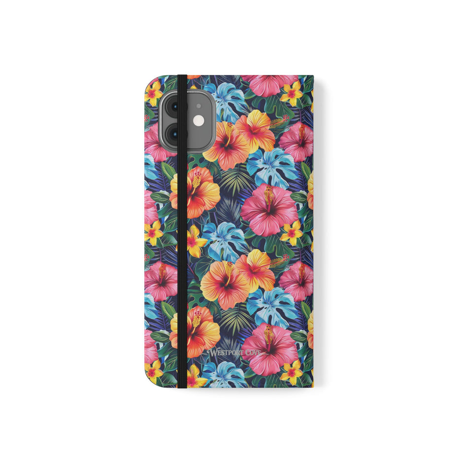 Tropical Hibiscus Flip Phone Case — Floral Wallet Flip Case with Card Slots