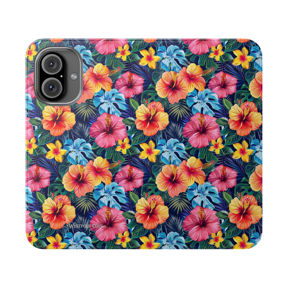 Tropical Hibiscus Flip Phone Case — Floral Wallet Flip Case with Card Slots