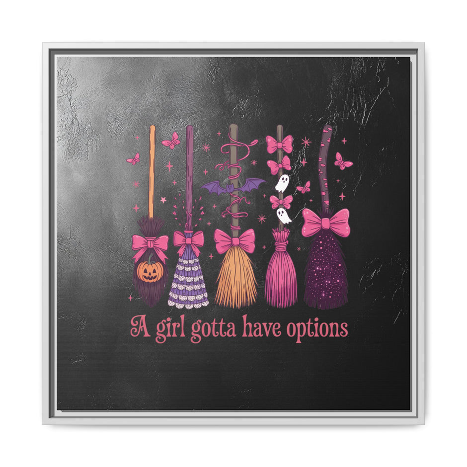 Halloween Broom Canvas Print — “A Girl Gotta Have Options” Framed Wall Art