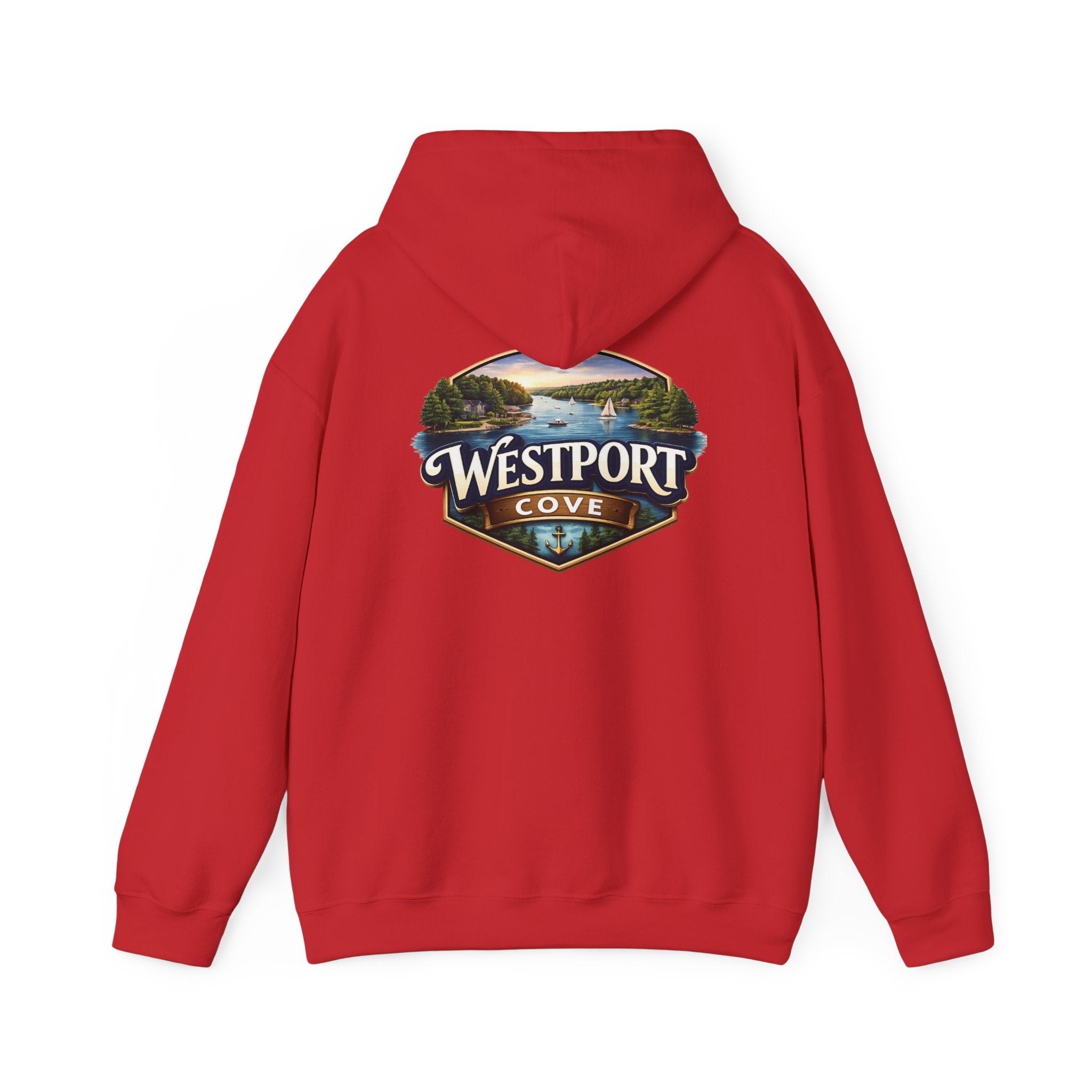 Westport Cove Hoodie — Scenic Lake Cabin Vintage Logo Hooded Sweatshirt