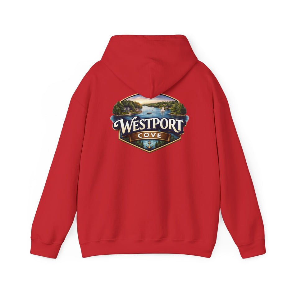 Westport Cove Hoodie — Scenic Lake Cabin Vintage Logo Hooded Sweatshirt