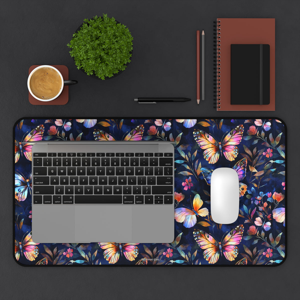 Dark Flutterby Desk Mat — Dark Watercolor Garden Mouse Pad