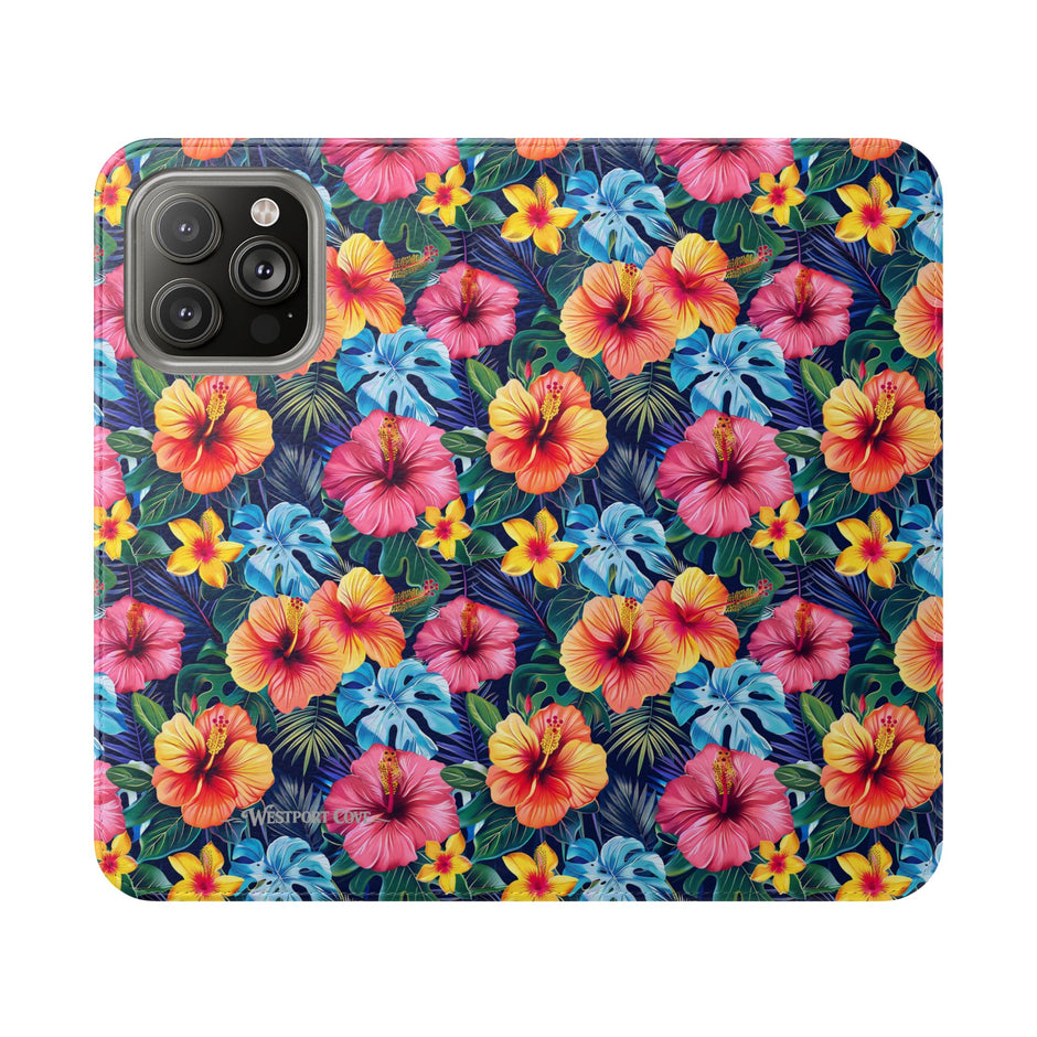 Tropical Hibiscus Flip Phone Case — Floral Wallet Flip Case with Card Slots