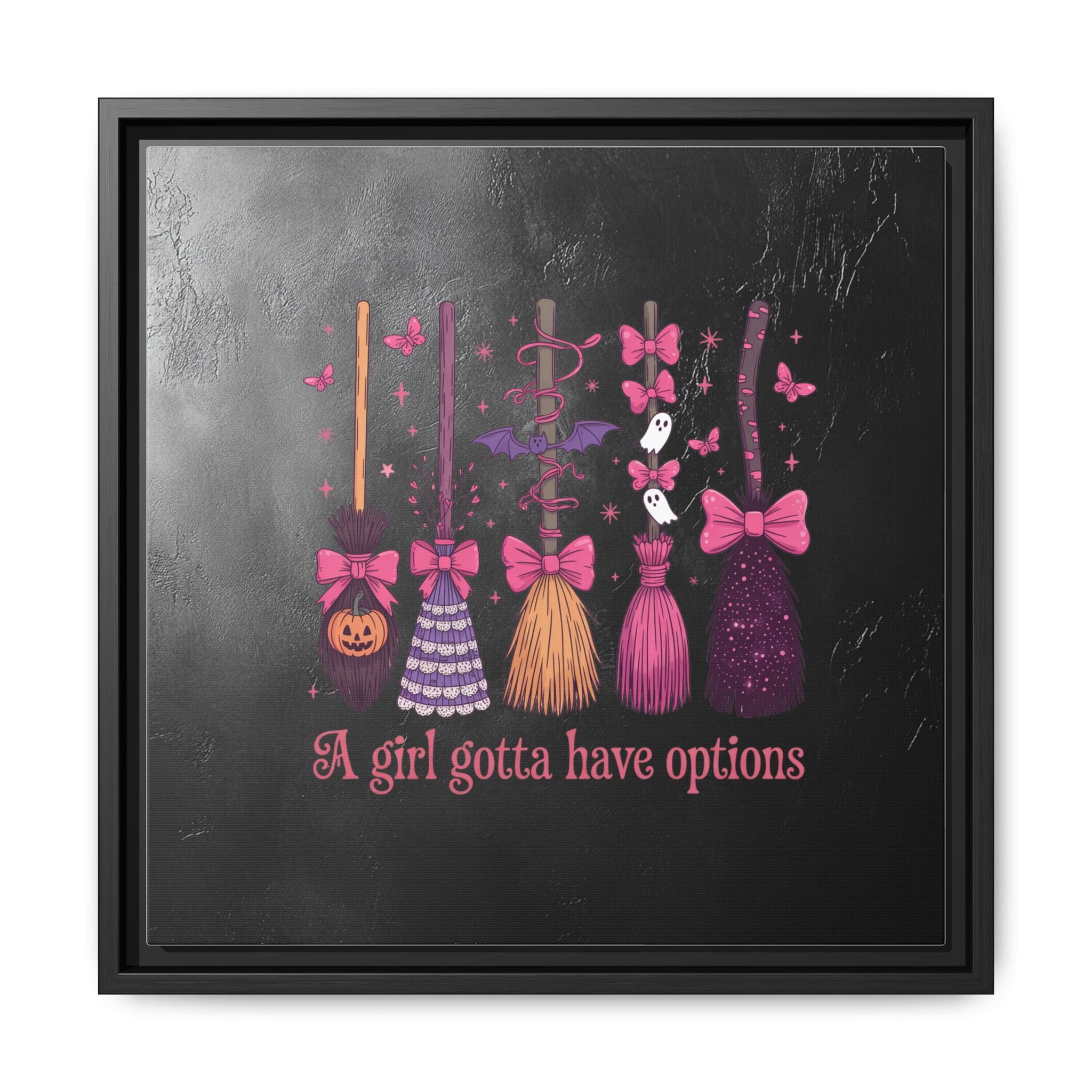 Halloween Broom Canvas Print — “A Girl Gotta Have Options” Framed Wall Art