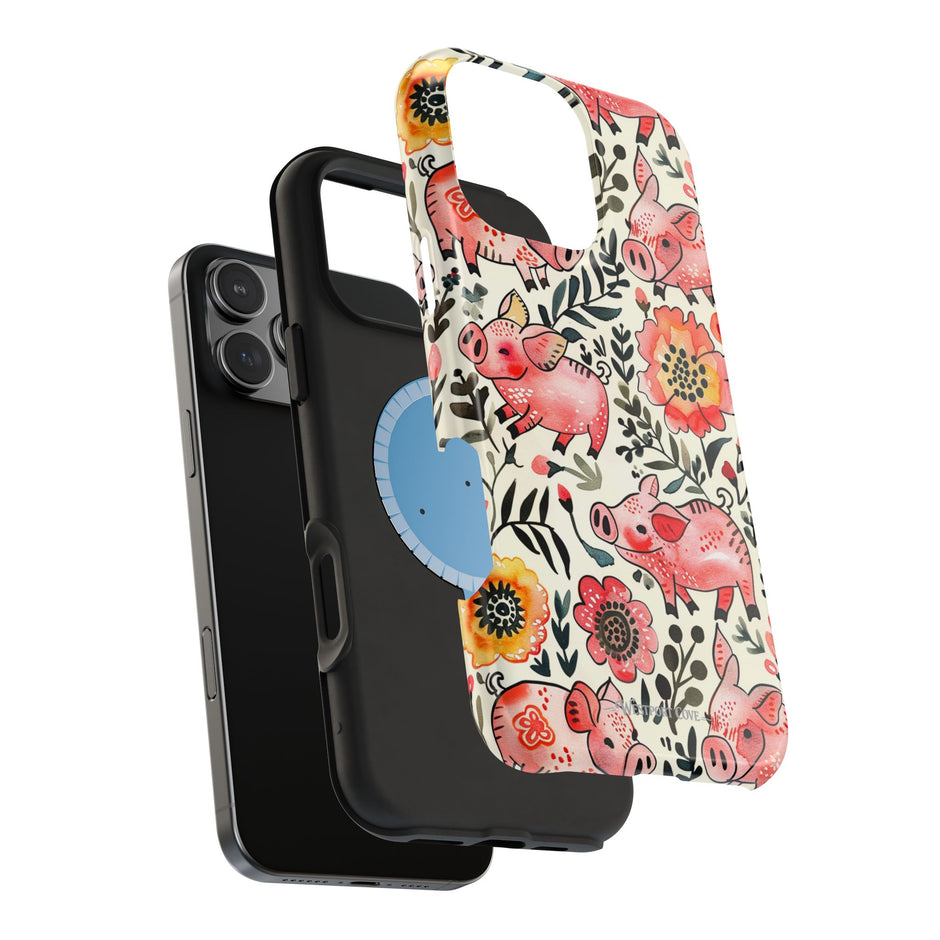 Watercolor Pink Pig Floral Phone Case — Extreme Impact MagSafe Phone Case