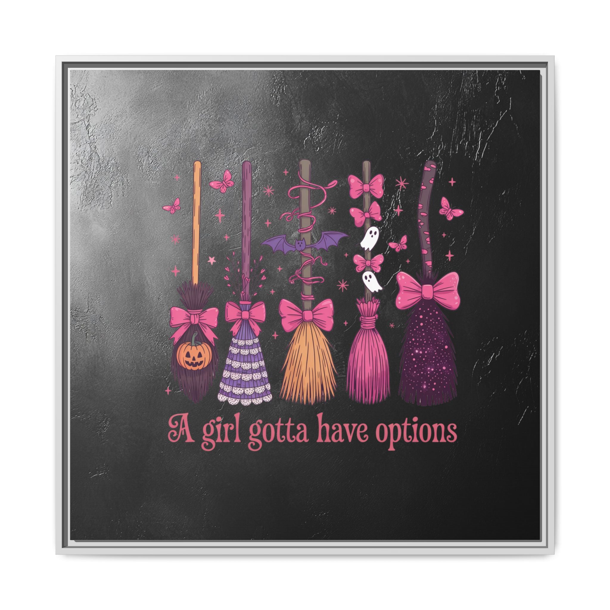 Halloween Broom Canvas Print — “A Girl Gotta Have Options” Framed Wall Art