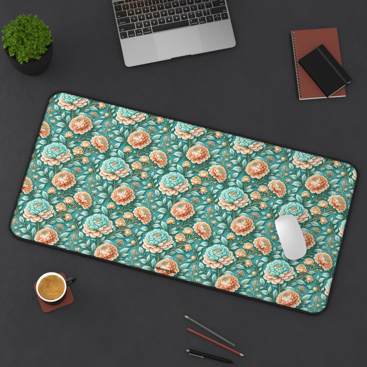 Teal Peony Desk Mat — Vintage Garden Mouse Pad Surface