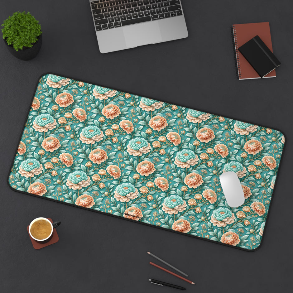 Teal Peony Desk Mat — Vintage Garden Mouse Pad Surface