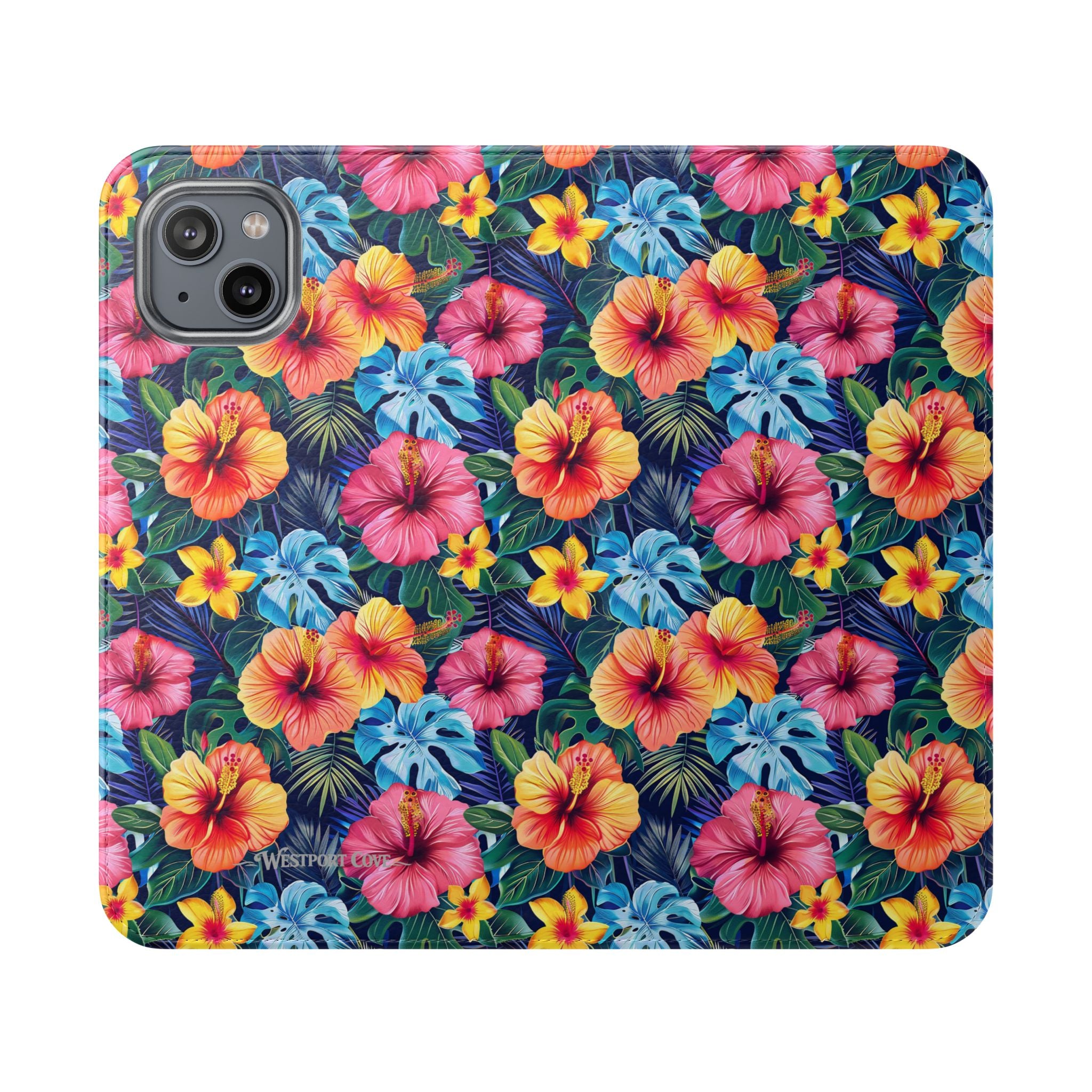 Tropical Hibiscus Flip Phone Case — Floral Wallet Flip Case with Card Slots