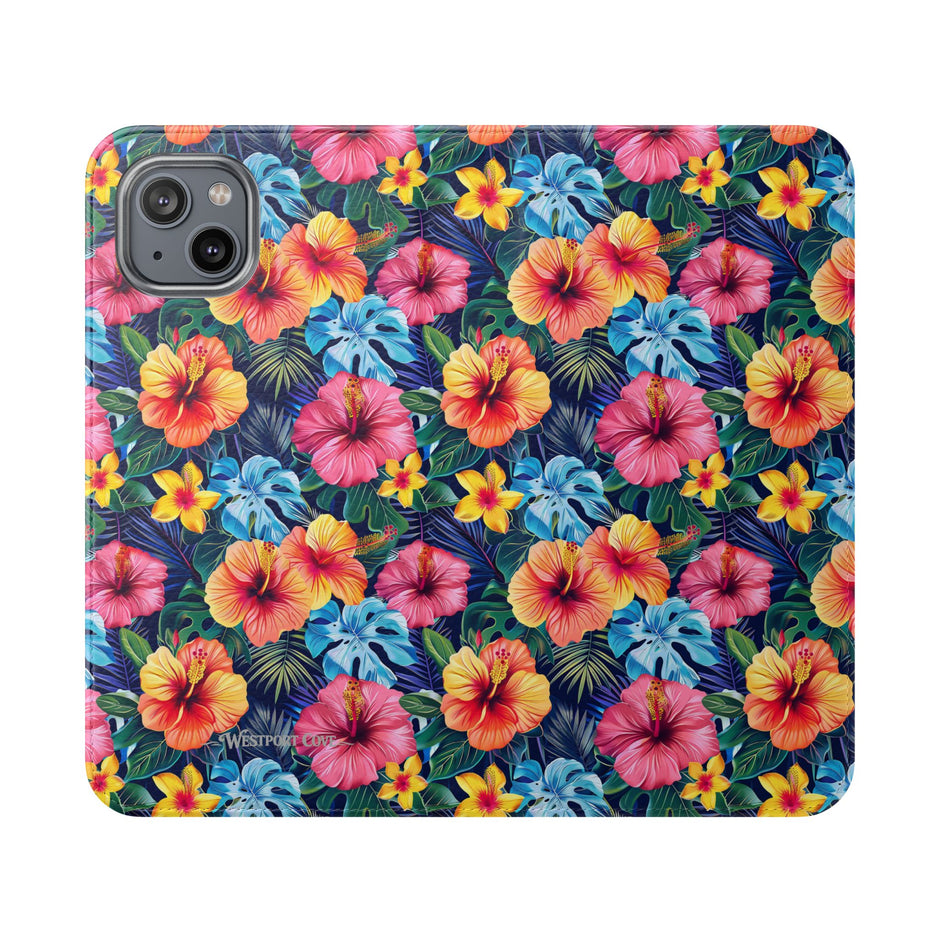 Tropical Hibiscus Flip Phone Case — Floral Wallet Flip Case with Card Slots