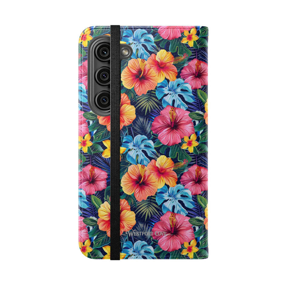 Tropical Hibiscus Flip Phone Case — Floral Wallet Flip Case with Card Slots