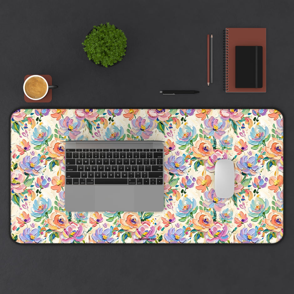 Floral Paint Desk Mat — Pastel Rose Pattern Office Mousepad